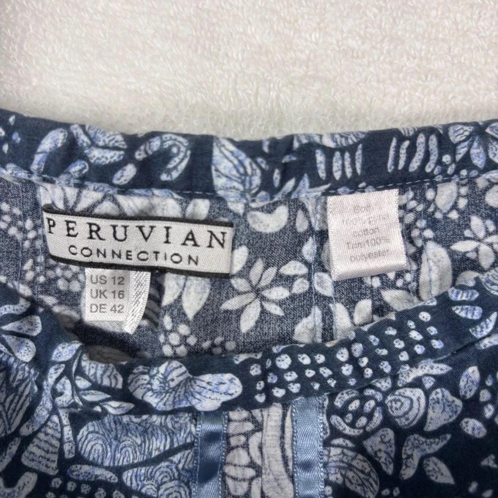 PERUVIAN CONNECTION Pima Cotton Fit Flare MIDI Skirt Womens 12 Blue White Floral - Picture 3 of 9